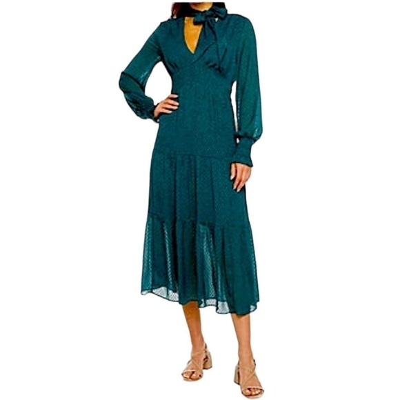 Ryegrass Deep V - Neck Ruffle Midi Dress Emerald Green. Size S - Picture 1 of 5